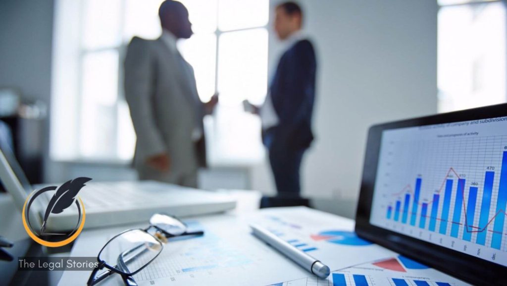 image displaying data charts in a modern office with two business consultants talking in the background.