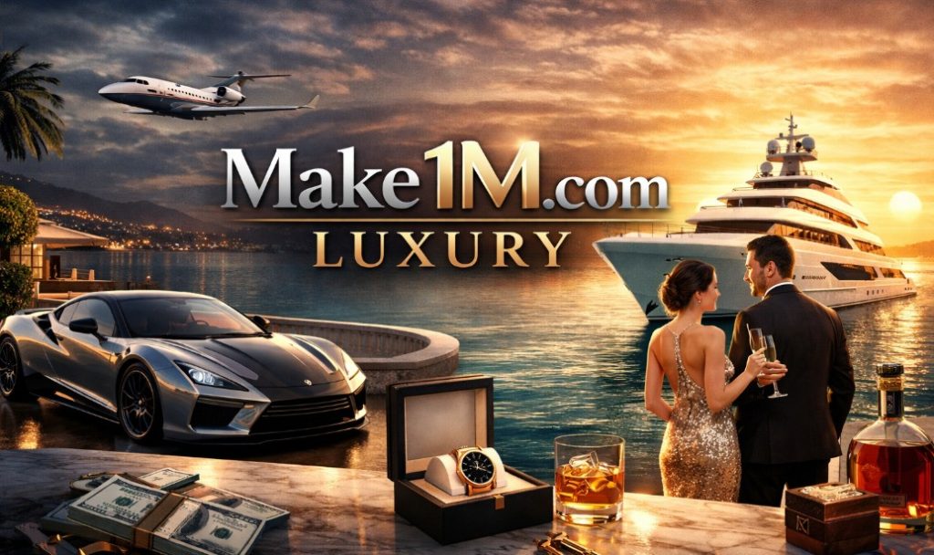 image showing luxurious lifestyle and exclusive offerings of Make1M.com Luxury, including high-end products, luxury yacht