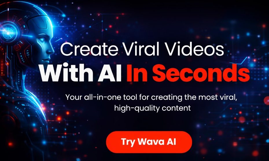 Futuristic digital promotional graphic showcasing Wava AI's ability to create viral videos with AI in seconds. The design features a glowing blue robot head and vibrant blue and red elements on a dark background. Bold text reads 'Create Viral Videos With AI In Seconds,' with a call-to-action button labeled 'Try Wava AI.'